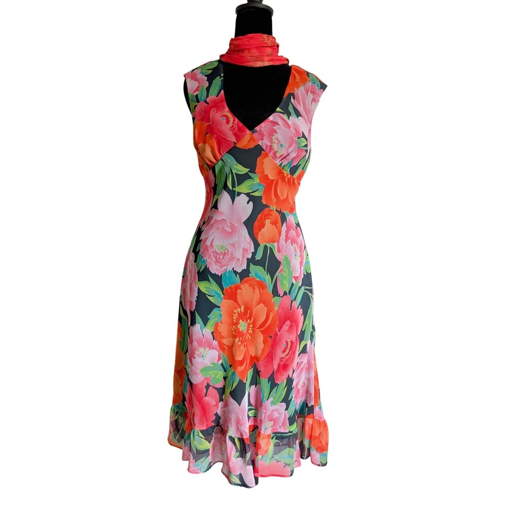 Mica Vintage 90s Euro Summer Bold Floral Whimsy Flounce Sleeveless Midi Dress
